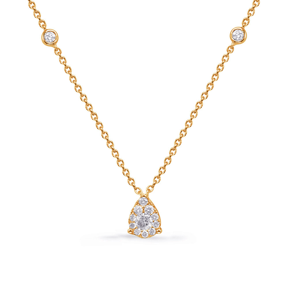 This Necklace is available in 14K Yellow Gold. There are a total of 15 stones. There are Rounds with a total carat weight of 0.27 set in a Bezel Set|Micro Prong|Prong Set setting.