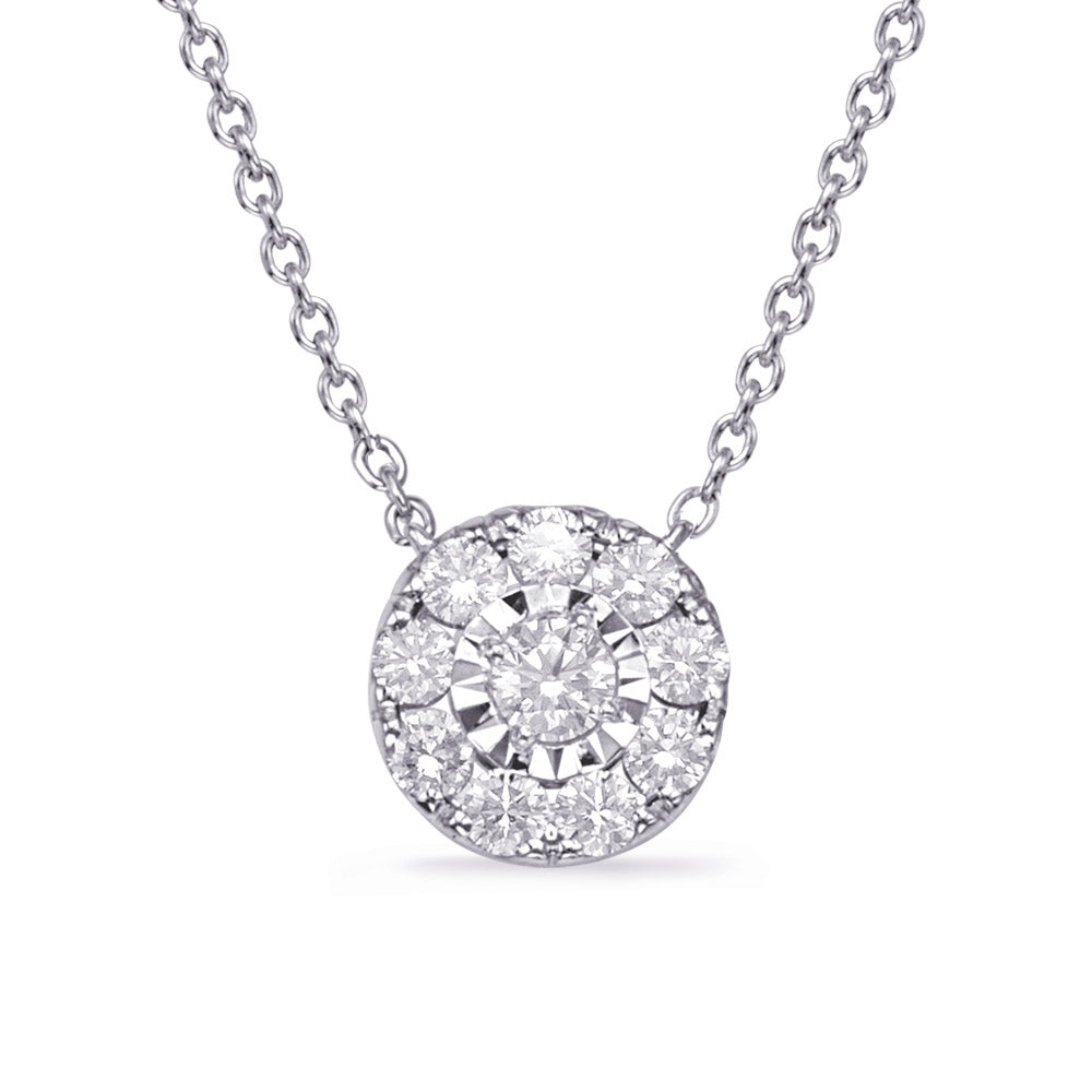 This Necklace is available in 14K White Gold. There are a total of 10 stones. There are Rounds with a total carat weight of 0.35 set in a Micro Prong|Prong Set setting.