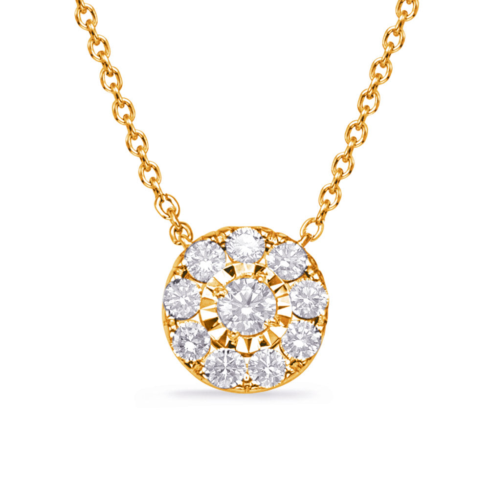 This Necklace is available in 14K Yellow & White Gold. There are a total of 10 stones. There are Rounds with a total carat weight of 0.35 set in a Micro Prong|Prong Set setting.
