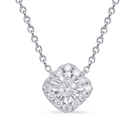 This Necklace is available in 14K White Gold. There are a total of 13 stones. There are Rounds with a total carat weight of 0.21 set in a Prong Set setting.