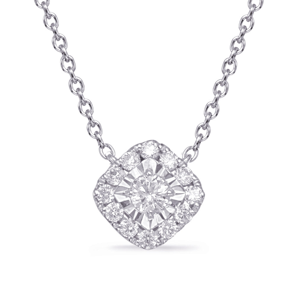 This Necklace is available in 14K White Gold. There are a total of 13 stones. There are Rounds with a total carat weight of 0.21 set in a Prong Set setting.