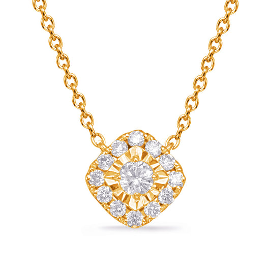 This Necklace is available in 14K Yellow & White Gold. There are a total of 13 stones. There are Rounds with a total carat weight of 0.21 set in a Prong Set setting.