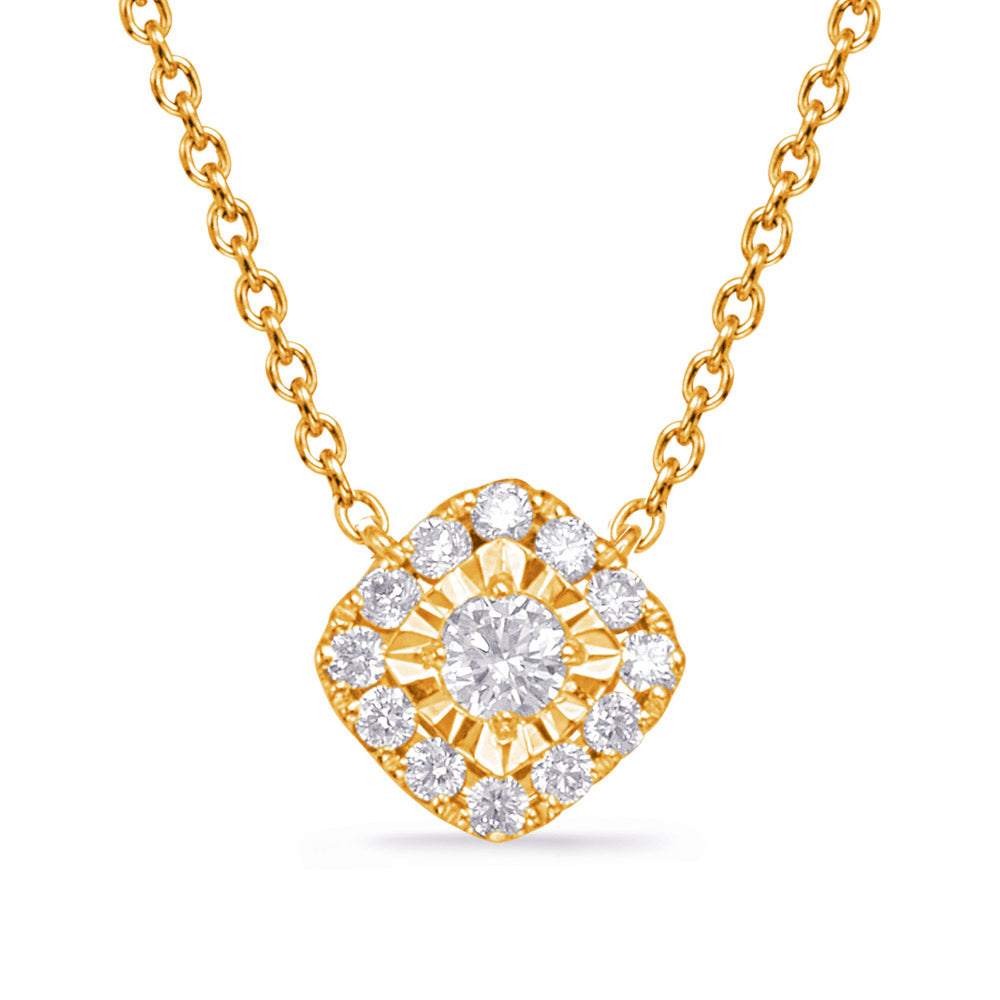 This Necklace is available in 14K Yellow & White Gold. There are a total of 13 stones. There are Rounds with a total carat weight of 0.21 set in a Prong Set setting.