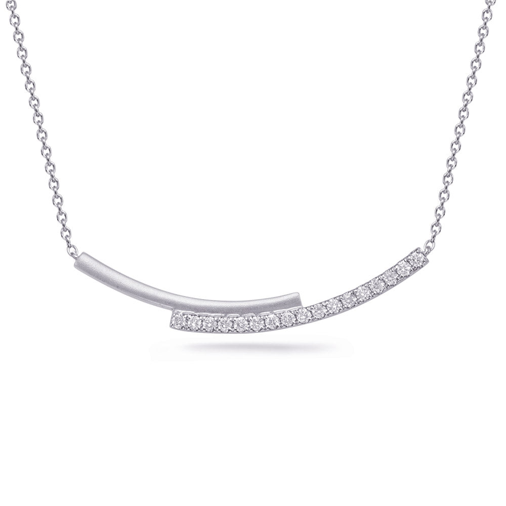 This Necklace is available in 14K White Gold. There are a total of 17 stones. There are Rounds with a total carat weight of 0.2 set in a Micro Pave setting.