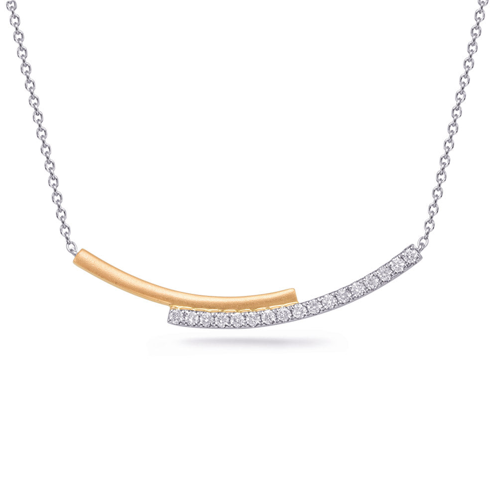 This Necklace is available in 14K Yellow & White Gold. There are a total of 17 stones. There are Rounds with a total carat weight of 0.2 set in a Micro Pave setting.