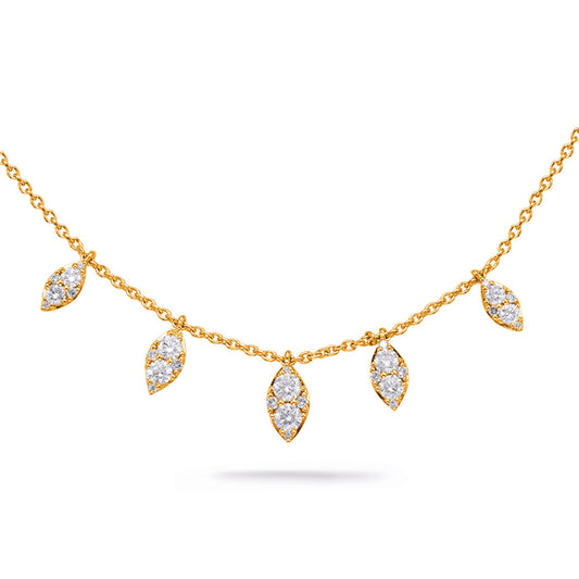 This Necklace is available in 14K Yellow & White Gold. There are a total of 30 stones. There are Rounds with a total carat weight of 0.58 set in a Prong Set setting.