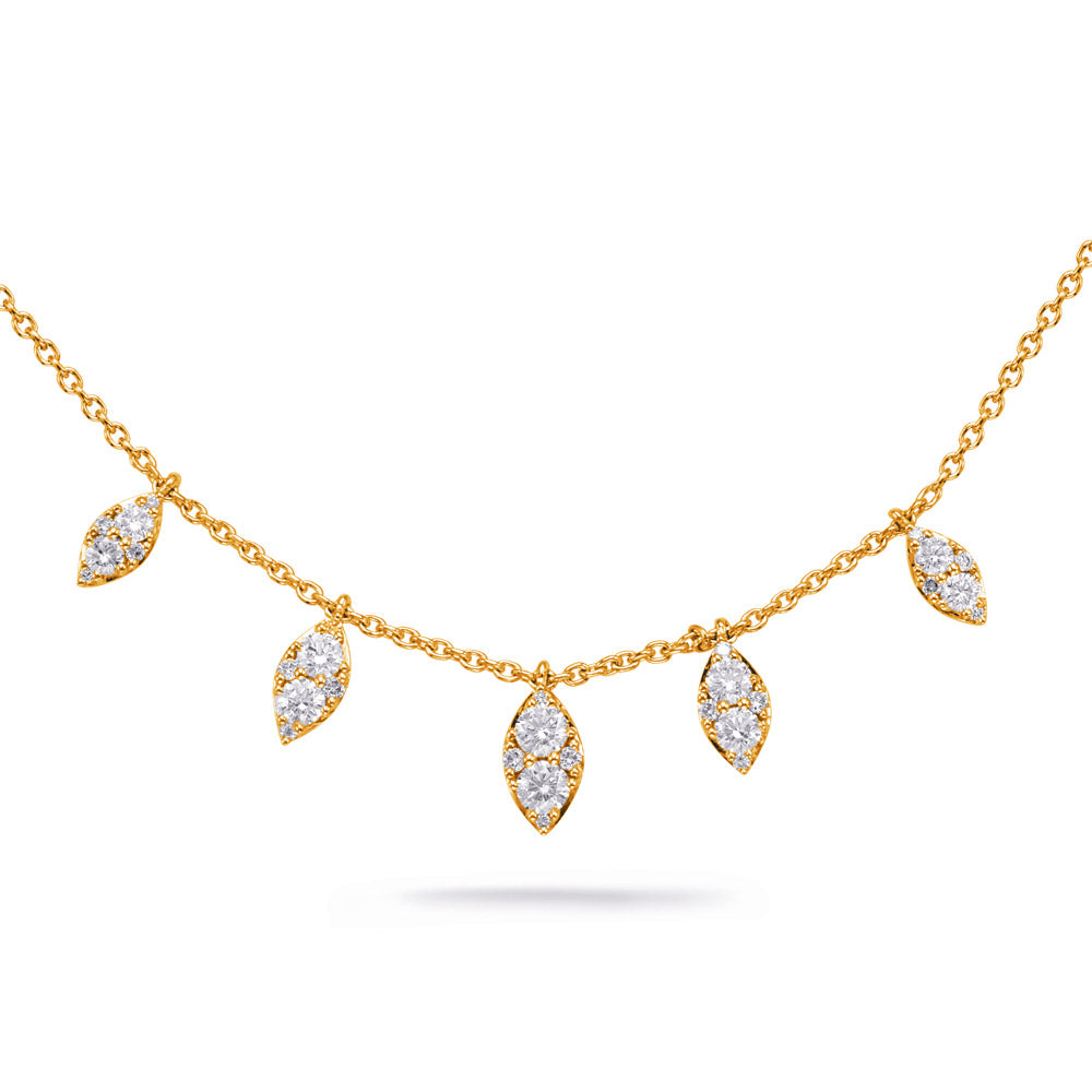 This Necklace is available in 14K Yellow & White Gold. There are a total of 30 stones. There are Rounds with a total carat weight of 0.58 set in a Prong Set setting.