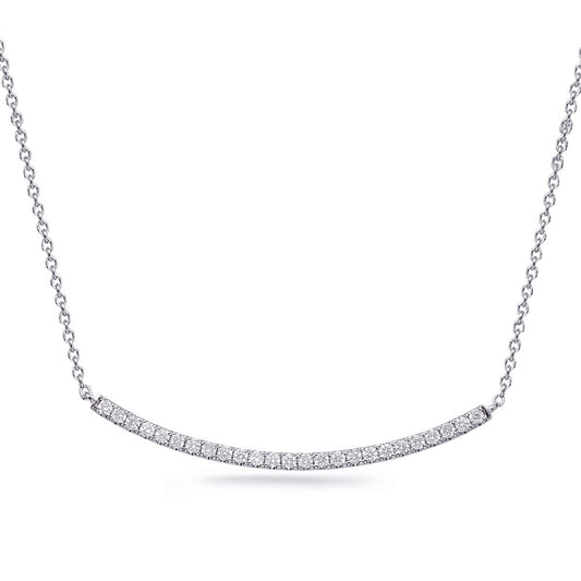 This Necklace is available in 14K White Gold. There are a total of 25 stones. There are Rounds with a total carat weight of 0.25 set in a Micro Pave setting.