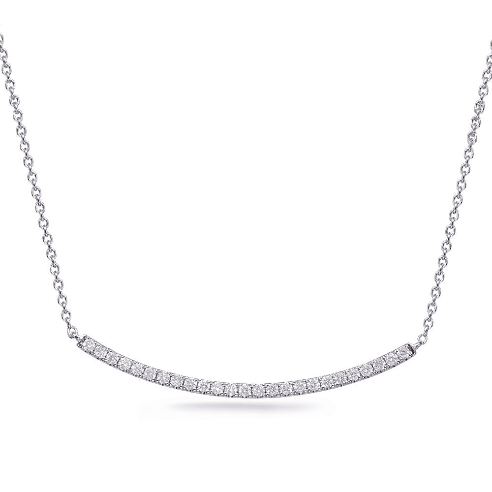 This Necklace is available in 14K White Gold. There are a total of 25 stones. There are Rounds with a total carat weight of 0.25 set in a Micro Pave setting.