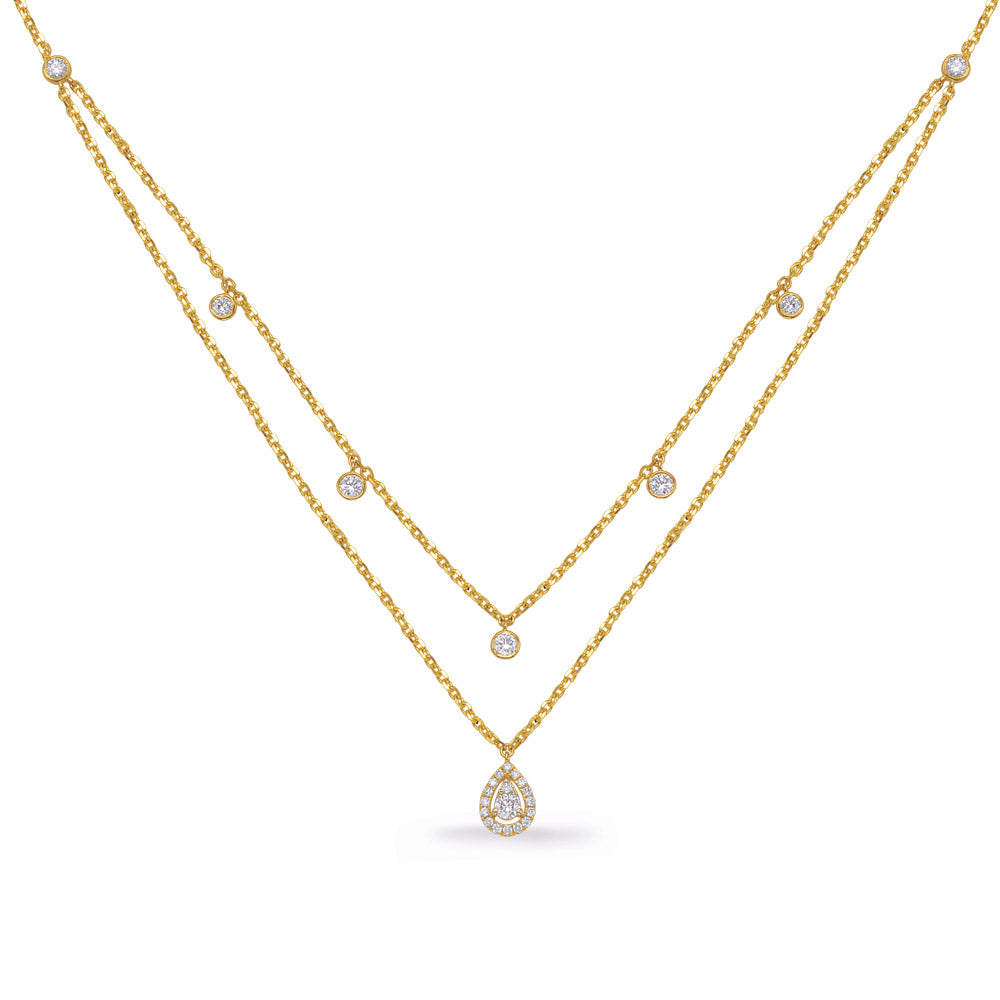 This Necklace is available in 14K Yellow & White Gold. There are a total of 27 stones. There are Rounds with a total carat weight of 0.67 set in a Bezel Set|Micro Pave setting.