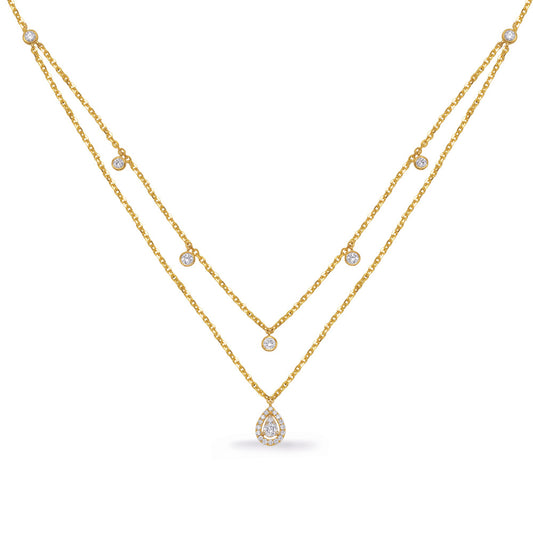 This Necklace is available in 14K Yellow & White Gold. There are a total of 27 stones. There are Rounds with a total carat weight of 0.67 set in a Bezel Set|Micro Pave setting.