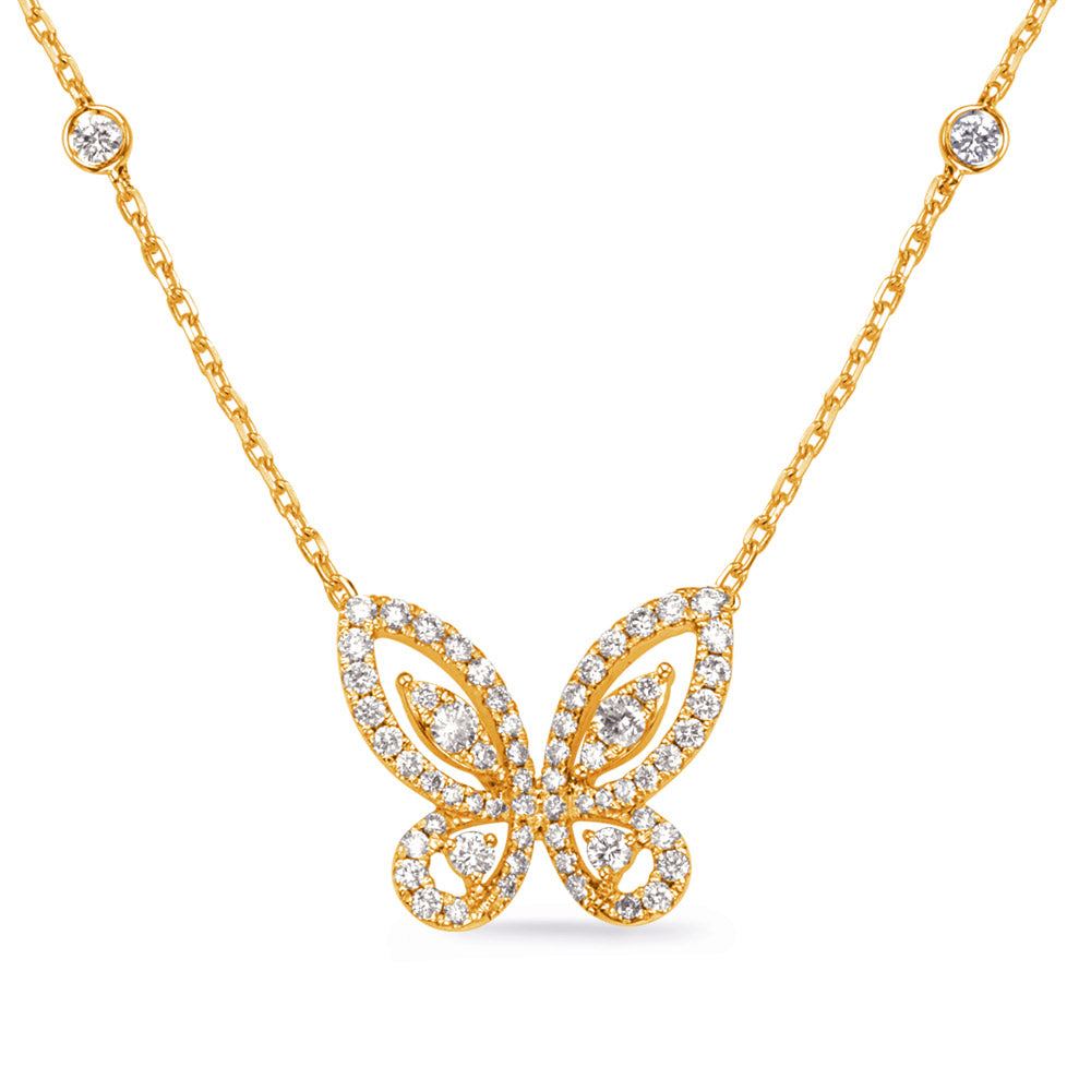 This Necklace is available in 14K Yellow Gold. There are a total of 66 stones. There are Rounds with a total carat weight of 0.65 set in a Bezel Set|Micro Pave setting.