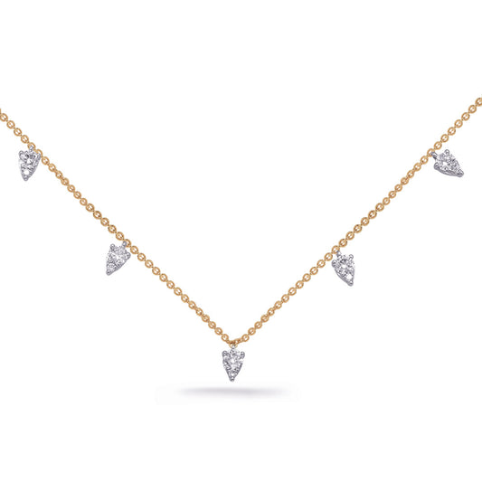 This Necklace is available in 14K Yellow & White Gold. There are a total of 10 stones. There are Rounds with a total carat weight of 0.44 set in a Micro Prong setting.