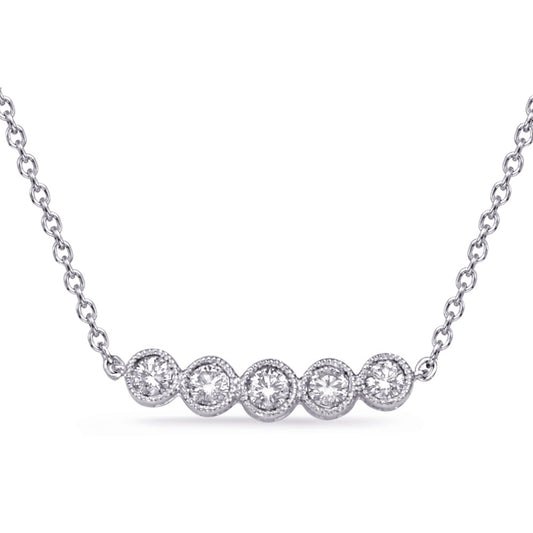 This Necklace is available in 14K White Gold. There are a total of 5 stones. There are Rounds with a total carat weight of 0.22 set in a Bezel Set setting.