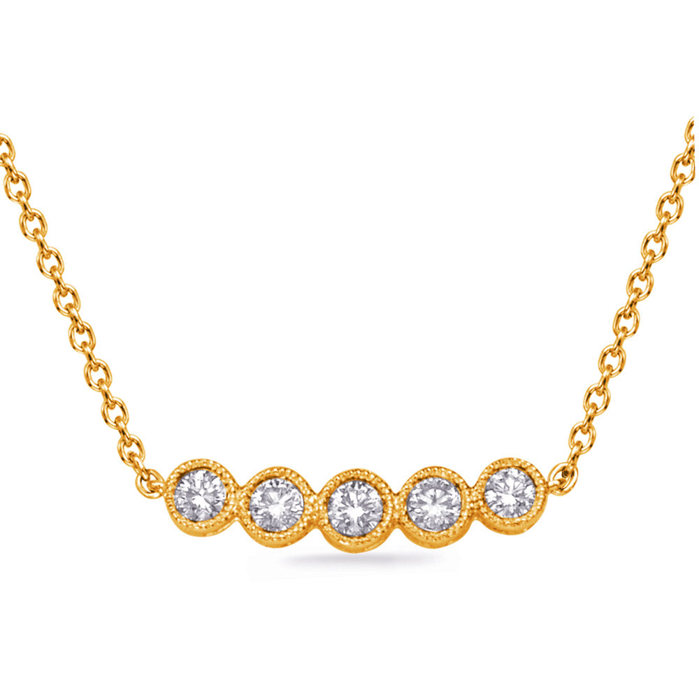 This Necklace is available in 14K Yellow Gold. There are a total of 5 stones. There are Rounds with a total carat weight of 0.22 set in a Bezel Set setting.