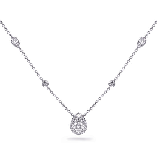 This Necklace is available in 14K White Gold. There are a total of 19 stones. There are Rounds with a total carat weight of 0.69 set in a Bezel Set|Micro Pave|Prong Set setting.