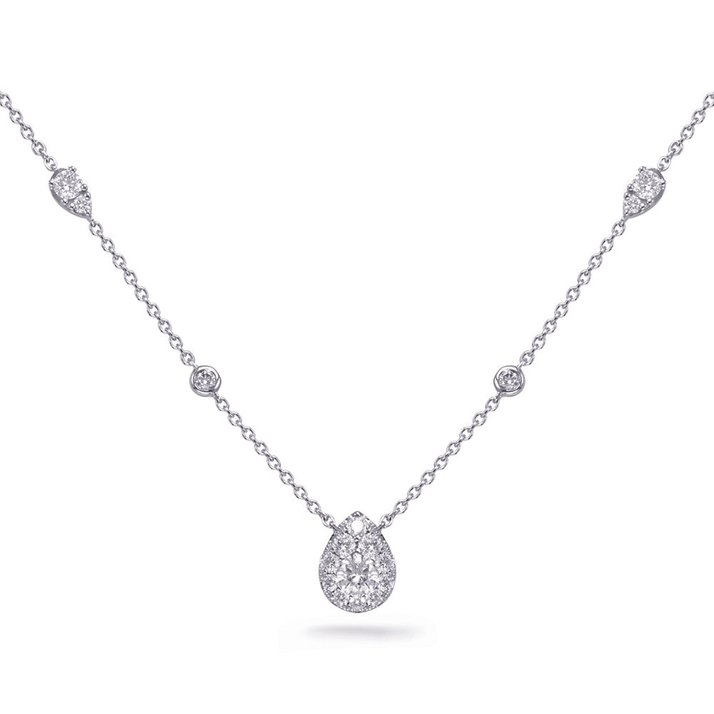 This Necklace is available in 14K White Gold. There are a total of 19 stones. There are Rounds with a total carat weight of 0.69 set in a Bezel Set|Micro Pave|Prong Set setting.