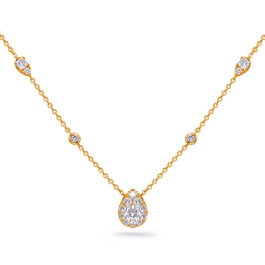 This Necklace is available in 14K Yellow Gold. There are a total of 19 stones. There are Rounds with a total carat weight of 0.69 set in a Bezel Set|Micro Pave|Prong Set setting.