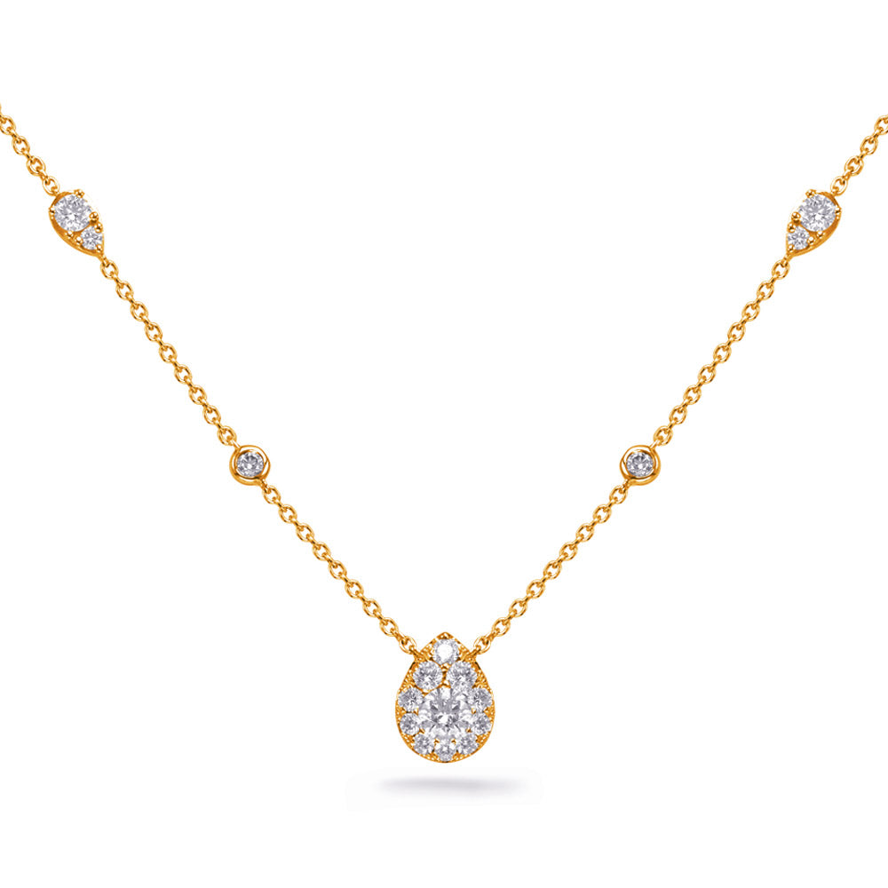This Necklace is available in 14K Yellow Gold. There are a total of 19 stones. There are Rounds with a total carat weight of 0.69 set in a Bezel Set|Micro Pave|Prong Set setting.