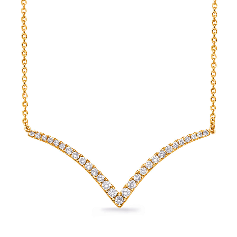 This Necklace is available in 14K Yellow Gold. There are a total of 29 stones. There are Rounds with a total carat weight of 0.3 set in a Micro Pave setting.