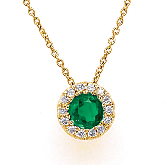 This Necklace is available in 14K Yellow Gold. There are a total of 15 stones. There are Emerald with a total carat weight of 0.31 set in a  setting.There are Rounds stones with a total carat weight of 0.07 set in a .
