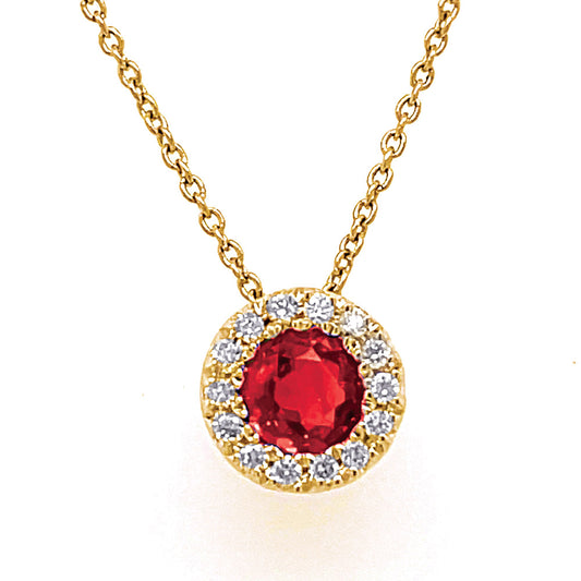 This Necklace is available in 14K Yellow Gold. There are a total of 15 stones. There are Rounds with a total carat weight of 0.07 set in a  setting.There are Ruby stones with a total carat weight of 0.36 set in a .