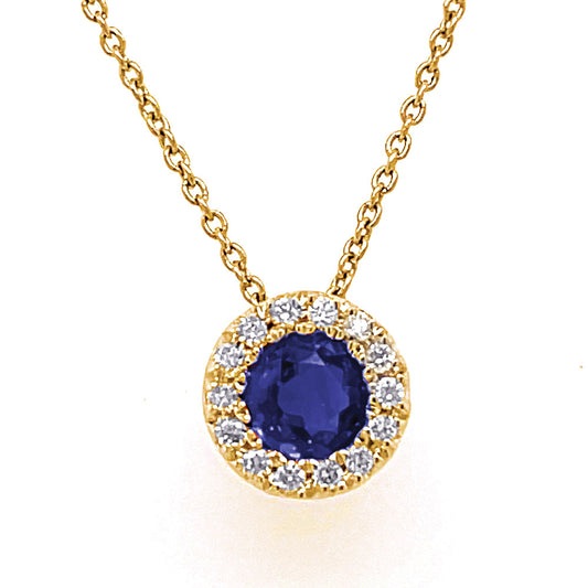 This Necklace is available in 14K Yellow Gold. There are a total of 15 stones. There are Rounds with a total carat weight of 0.07 set in a  setting.There are Sapphire stones with a total carat weight of 0.39 set in a .