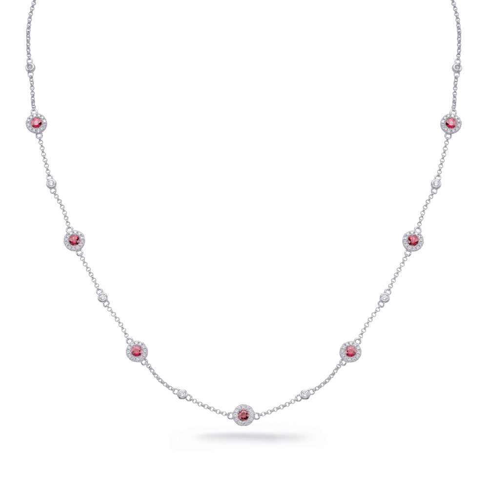 This Necklace is available in 14K White Gold. There are a total of 99 stones. There are Rounds with a total carat weight of 0.34 set in a Bezel Set|Micro Prong setting.There are Ruby stones with a total carat weight of 0.71 set in a Bezel Set|Micro Prong.