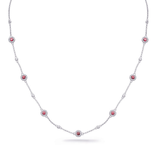 This Necklace is available in 14K White Gold. There are a total of 99 stones. There are Rounds with a total carat weight of 0.34 set in a Bezel Set|Micro Prong setting.There are Ruby stones with a total carat weight of 0.71 set in a Bezel Set|Micro Prong.
