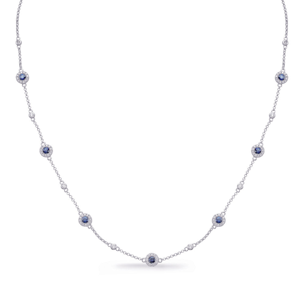 This Necklace is available in 14K White Gold. There are a total of 99 stones. There are Rounds with a total carat weight of 0.34 set in a Bezel Set|Micro Prong setting.There are Sapphire stones with a total carat weight of 0.69 set in a Bezel Set|Micro Prong.