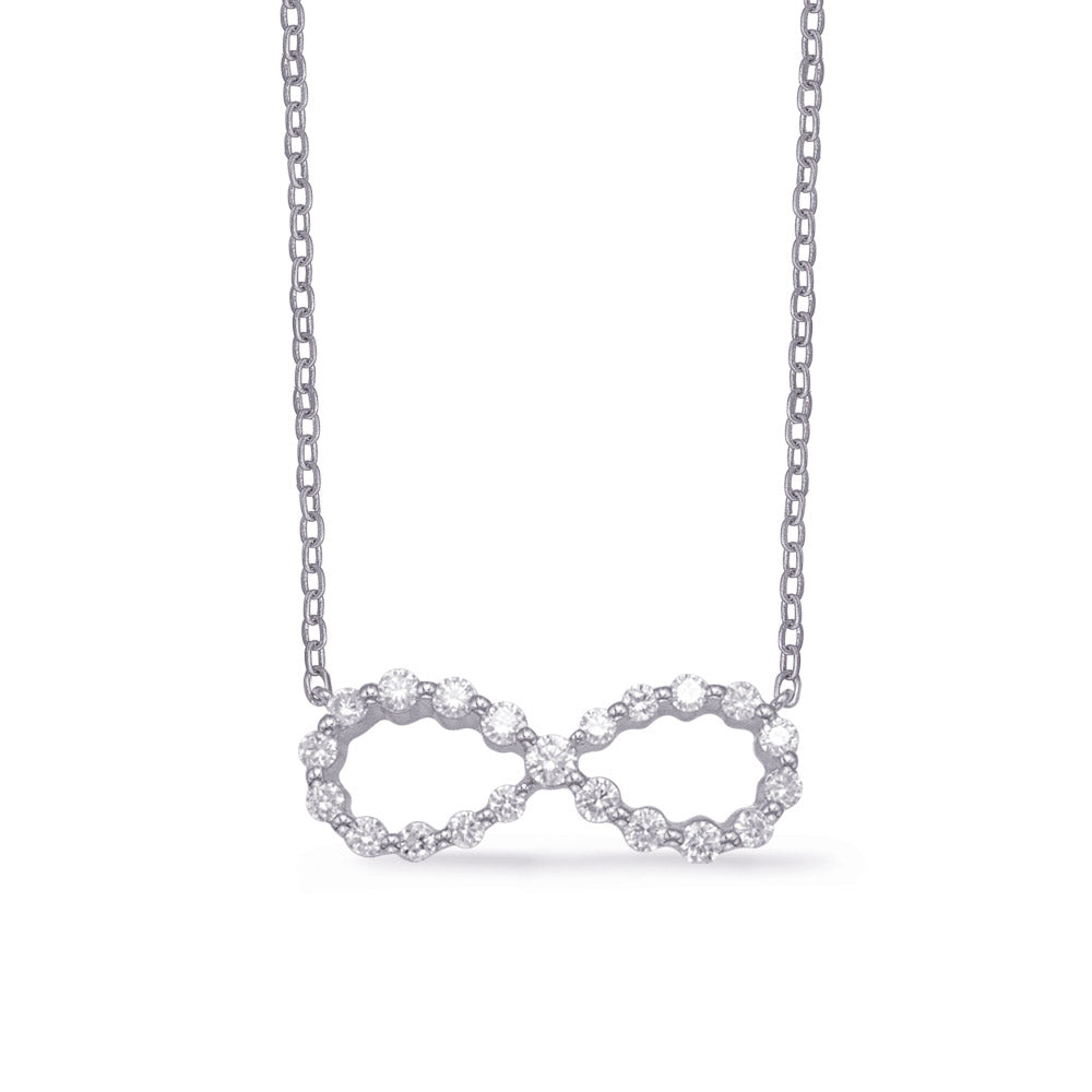 This Necklace is available in 14K White Gold. There are a total of 21 stones. There are Rounds with a total carat weight of 0.42 set in a Shared Prongs setting.