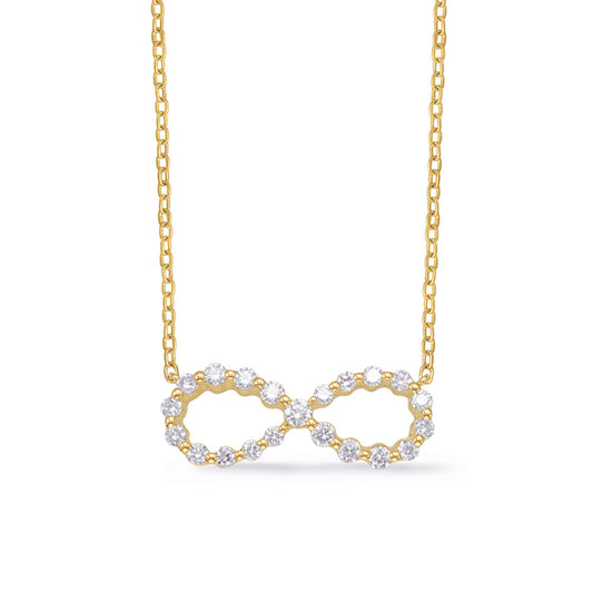 This Necklace is available in 14K Yellow Gold. There are a total of 21 stones. There are Rounds with a total carat weight of 0.42 set in a Shared Prongs setting.