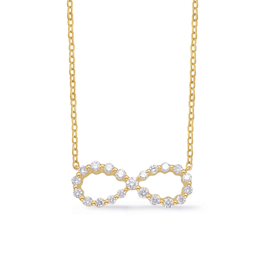 This Necklace is available in 14K Yellow Gold. There are a total of 21 stones. There are Rounds with a total carat weight of 0.42 set in a Shared Prongs setting.