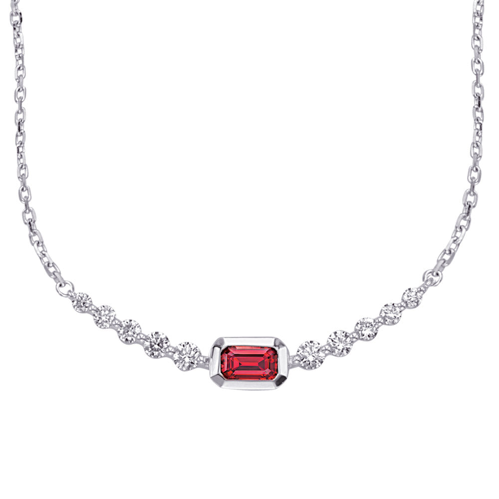 This Necklace is available in 14K White Gold. There are a total of 11 stones. There are Rounds with a total carat weight of 0.33 set in a Bezel Set|Shared Prongs setting.There are Ruby stones with a total carat weight of 0.34 set in a Bezel Set|Shared Prongs.