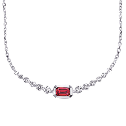 This Necklace is available in 14K White Gold. There are a total of 11 stones. There are Rounds with a total carat weight of 0.33 set in a Bezel Set|Shared Prongs setting.There are Ruby stones with a total carat weight of 0.34 set in a Bezel Set|Shared Prongs.