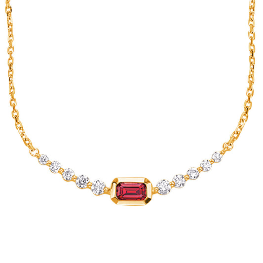 This Necklace is available in 14K Yellow Gold. There are a total of 11 stones. There are Rounds with a total carat weight of 0.33 set in a Bezel Set|Shared Prongs setting.There are Ruby stones with a total carat weight of 0.34 set in a Bezel Set|Shared Prongs.