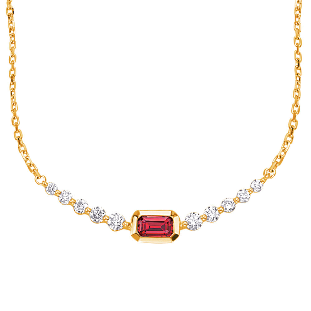 This Necklace is available in 14K Yellow Gold. There are a total of 11 stones. There are Rounds with a total carat weight of 0.33 set in a Bezel Set|Shared Prongs setting.There are Ruby stones with a total carat weight of 0.34 set in a Bezel Set|Shared Prongs.