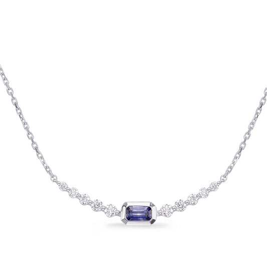 This Necklace is available in 14K White Gold. There are a total of 11 stones. There are Rounds with a total carat weight of 0.33 set in a Bezel Set|Shared Prongs setting.There are Sapphire stones with a total carat weight of 0.33 set in a Bezel Set|Shared Prongs.