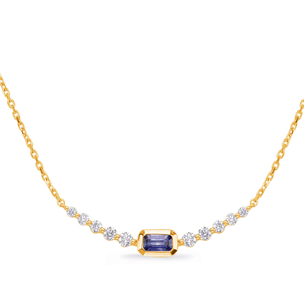 This Necklace is available in 14K Yellow Gold. There are a total of 11 stones. There are Rounds with a total carat weight of 0.33 set in a Bezel Set|Shared Prongs setting.There are Sapphire stones with a total carat weight of 0.33 set in a Bezel Set|Shared Prongs.