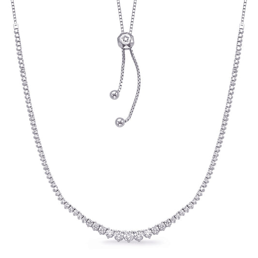 This Necklace is available in 14K White Gold. There are a total of 23 stones. There are Rounds with a total carat weight of 1.86 set in a  setting.