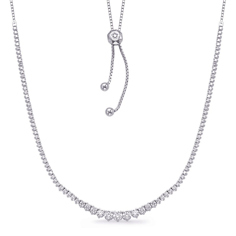 This Necklace is available in 14K White Gold. There are a total of 103 stones. There are Rounds with a total carat weight of 2.85 set in a  setting.