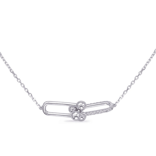 This Necklace is available in 14K White Gold. There are a total of 22 stones. There are Rounds with a total carat weight of 0.11 set in a Prong Set setting.