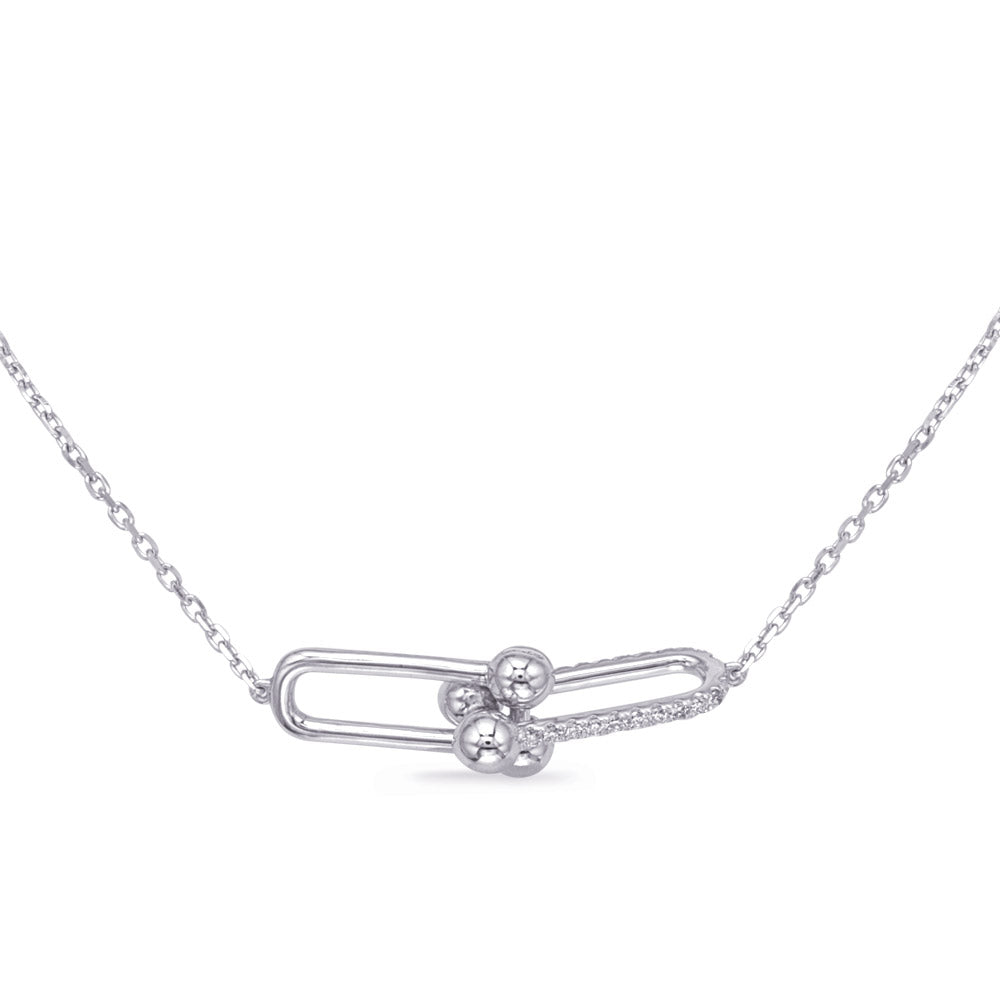 This Necklace is available in 14K White Gold. There are a total of 22 stones. There are Rounds with a total carat weight of 0.11 set in a Prong Set setting.
