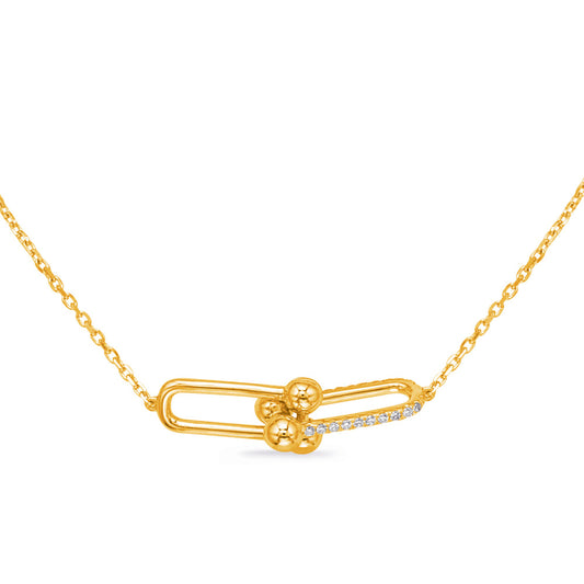 This Necklace is available in 14K Yellow Gold. There are a total of 22 stones. There are Rounds with a total carat weight of 0.11 set in a Prong Set setting.