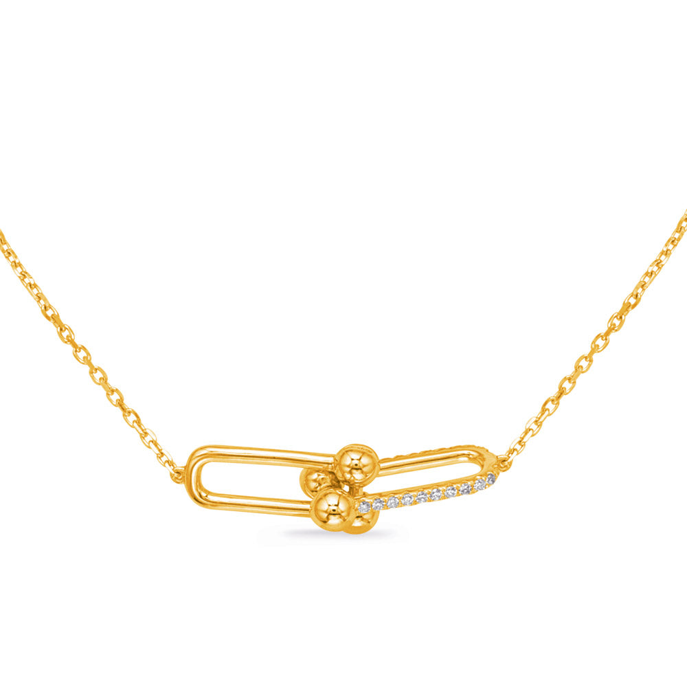This Necklace is available in 14K Yellow Gold. There are a total of 22 stones. There are Rounds with a total carat weight of 0.11 set in a Prong Set setting.