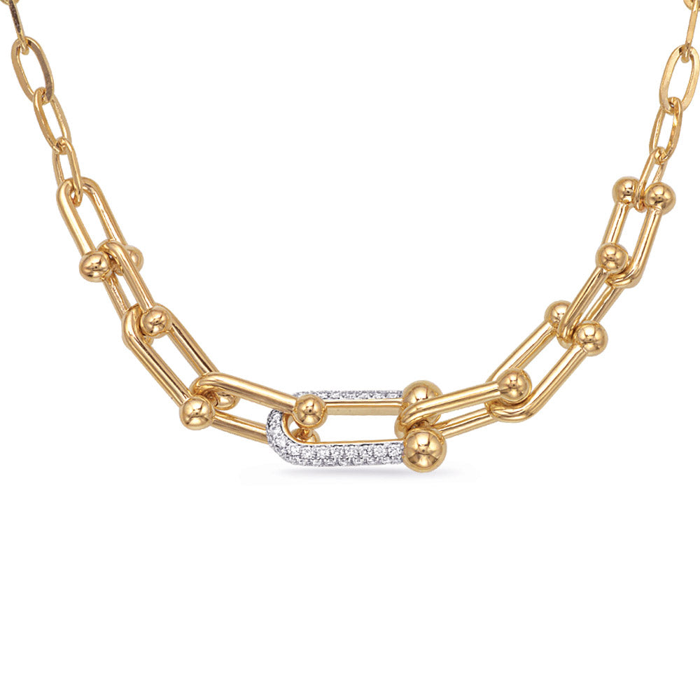 This Necklace is available in 14K Yellow Gold. There are a total of 61 stones. There are Rounds with a total carat weight of 0.17 set in a Micro Prong setting.