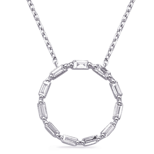 This Necklace is available in 14K White Gold. There are a total of 11 stones. There are Baguette with a total carat weight of 0.48 set in a Prong Set setting.