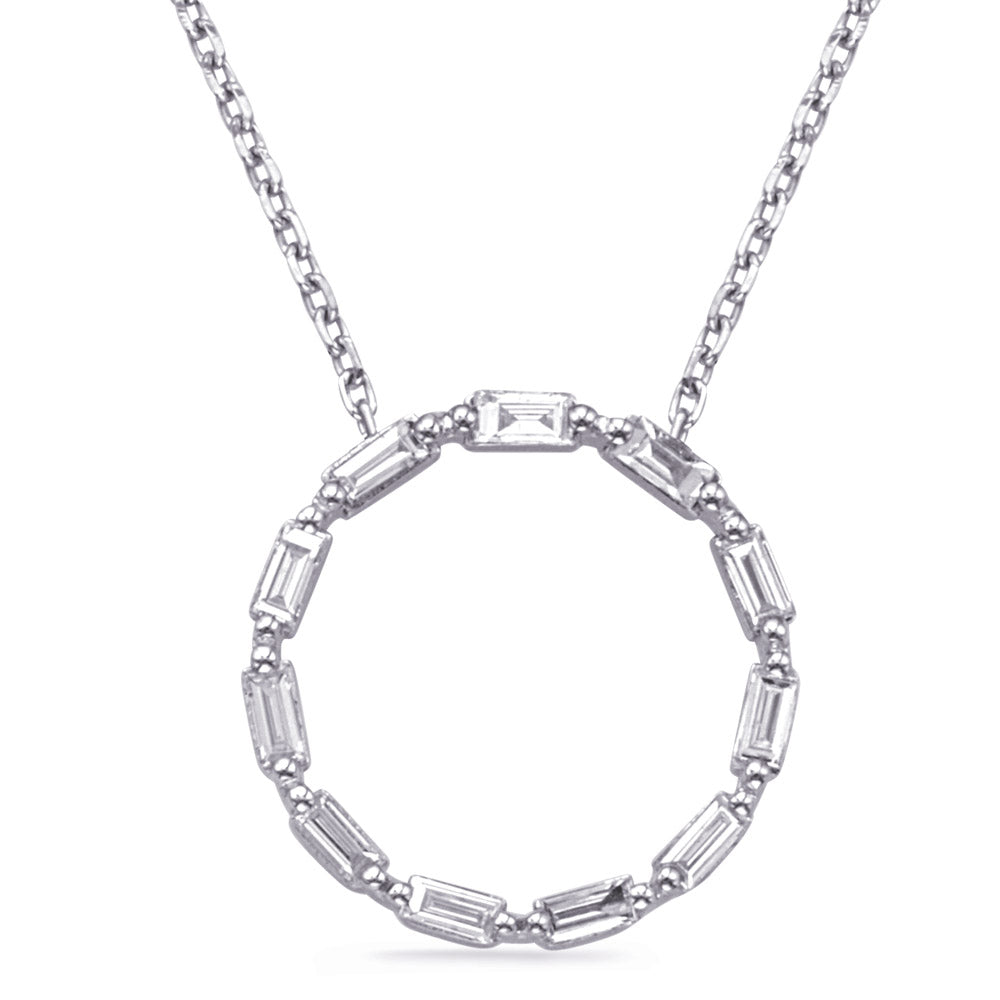 This Necklace is available in 14K White Gold. There are a total of 11 stones. There are Baguette with a total carat weight of 0.48 set in a Prong Set setting.