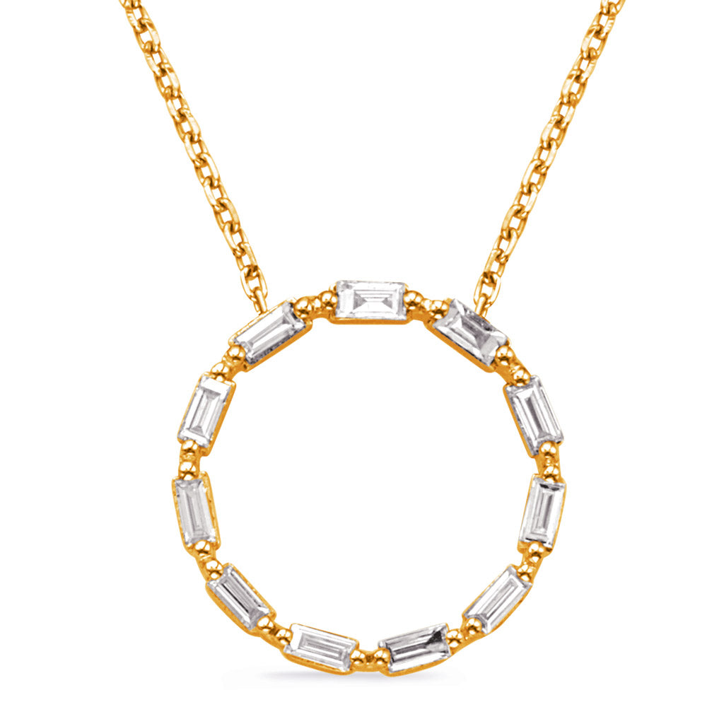 This Necklace is available in 14K Yellow Gold. There are a total of 11 stones. There are Baguette with a total carat weight of 0.48 set in a Prong Set setting.