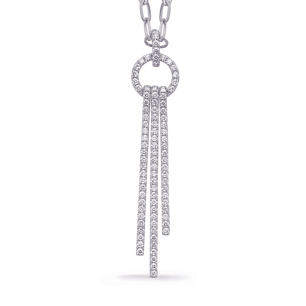This Necklace is available in 14K White Gold. There are a total of 90 stones. There are Rounds with a total carat weight of 1.17 set in a Micro Prong setting.